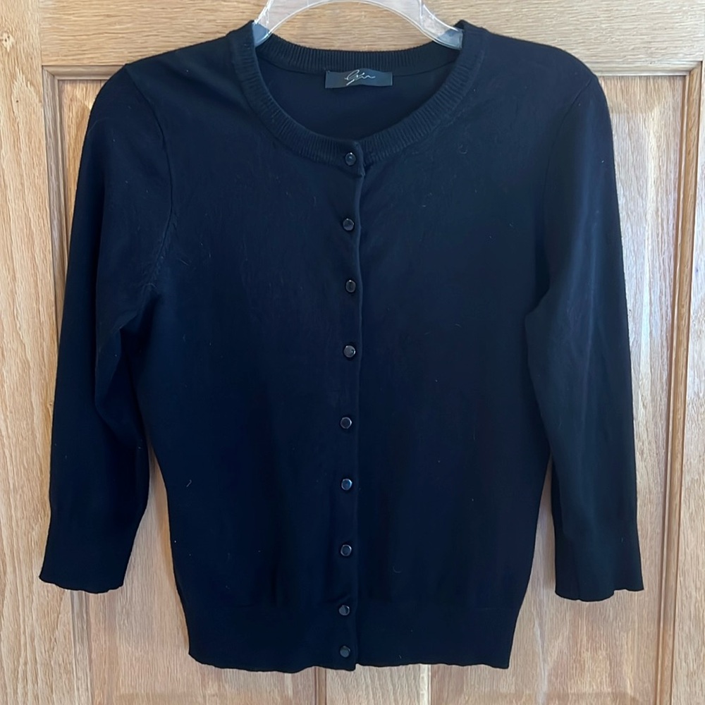 Lyn - Beautiful Black Button Down Cardigan Sweater - 3/4 sleeves - Small